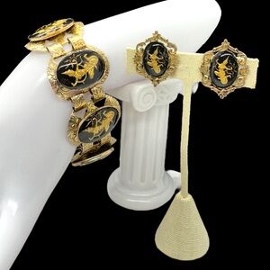 Vintage Siam/Thai Goddess Dancer Panel Bracelet & Clip Earrings Set